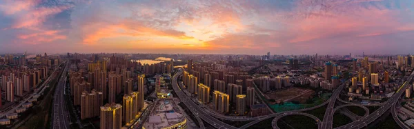 Coucher Soleil Ville Wuhan Paysage Photographie Aérienne Nuit Été — Photo