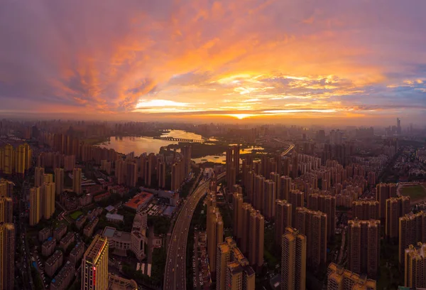 Wuhan city sunset and night aerial photography scenery in summer