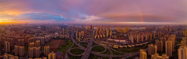 Wuhan Város Naplemente Éjszakai Légi Fényképezés Táj Nyáron — Stock Fotó