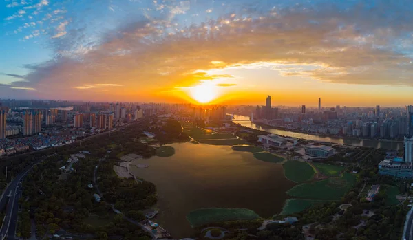 Wuhan City Solnedgång Och Natt Flygfotografering Landskap Sommaren — Stockfoto