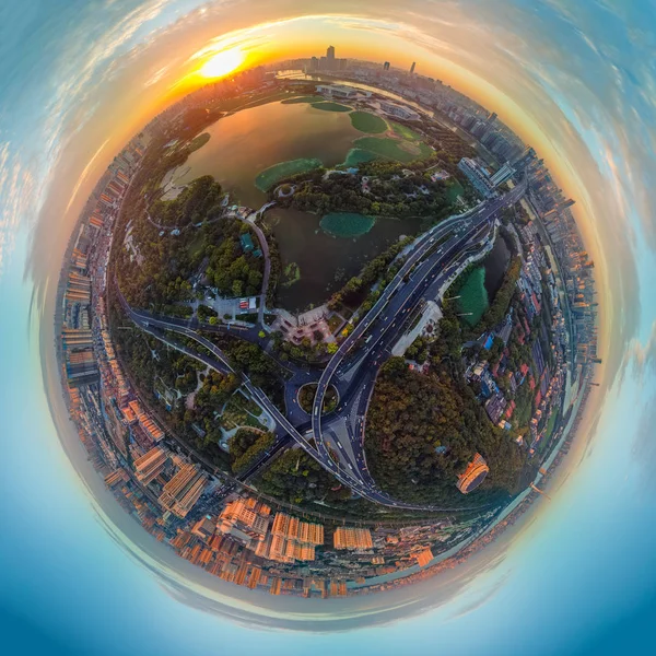 Wuhan city sunset and night aerial photography scenery in summer