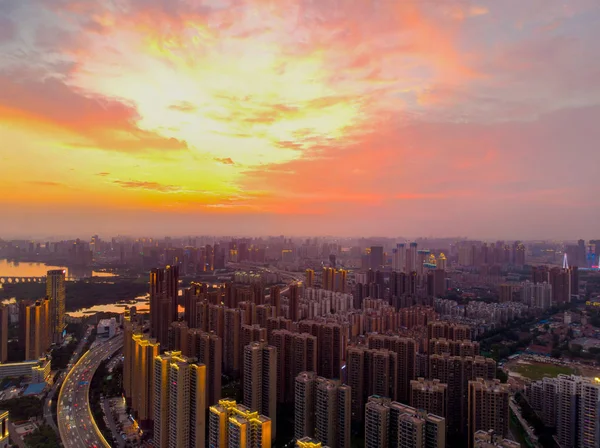 Wuhan city sunset and night aerial photography scenery in summer