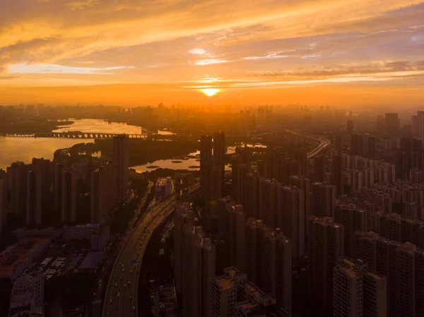 Wuhan city sunset and night aerial photography scenery in summer