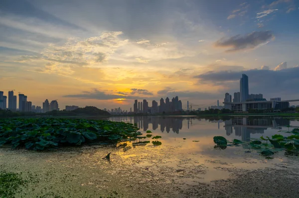 Wuhan city sunset and night skyline scenery in summer