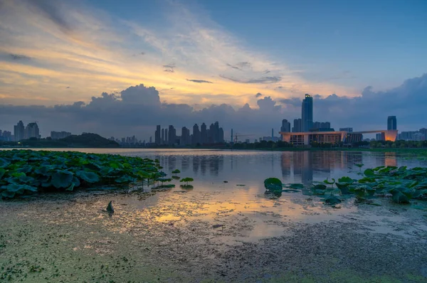 Wuhan city sunset and night skyline scenery in summer