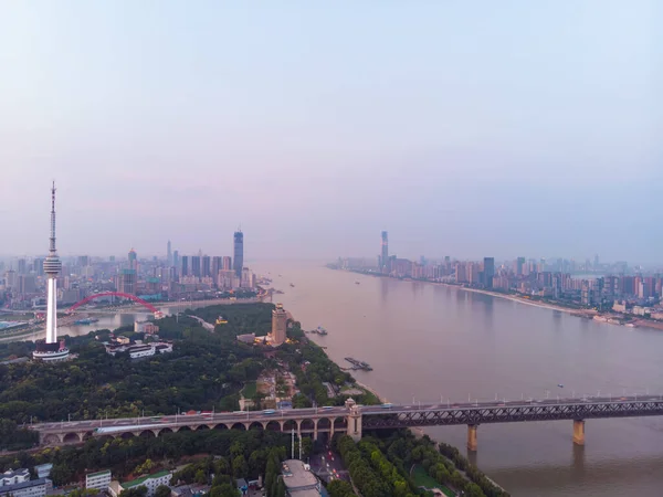 Pôr Sol Cidade Cenário Fotografia Aérea Noite Verão Wuhan Hubei — Fotografia de Stock