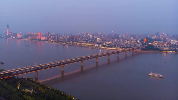 Stadens Solnedgång Och Natt Flygfotografering Landskap Sommaren Wuhan Hubei Kina — Stockfoto