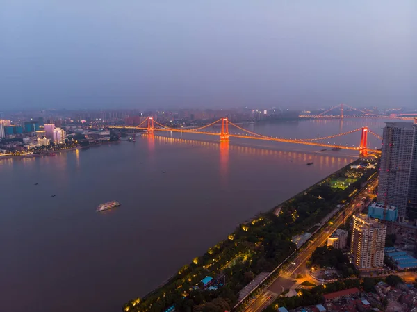 Stadens Solnedgång Och Natt Flygfotografering Landskap Sommaren Wuhan Hubei Kina — Stockfoto
