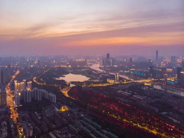 City sunset and night aerial photography scenery in summer, Wuhan, Hubei, China