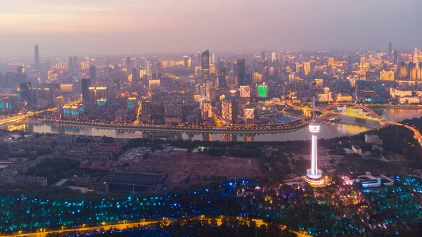 Stadens Solnedgång Och Natt Flygfotografering Landskap Sommaren Wuhan Hubei Kina — Stockfoto