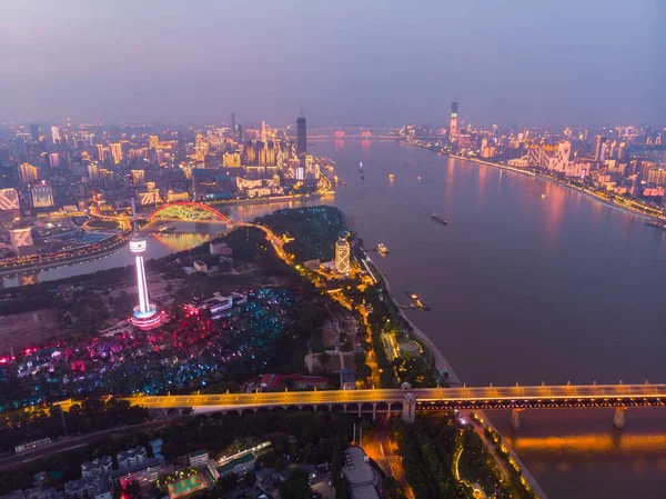 Coucher Soleil Sur Ville Photographie Aérienne Nocturne Été Wuhan Hubei — Photo