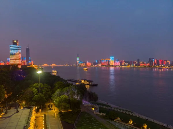 Coucher Soleil Sur Ville Photographie Aérienne Nocturne Été Wuhan Hubei — Photo