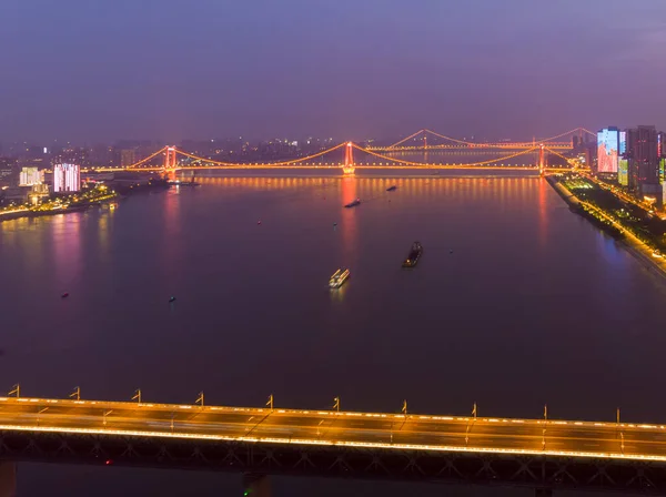 Stadens Solnedgång Och Natt Flygfotografering Landskap Sommaren Wuhan Hubei Kina — Stockfoto