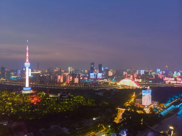 Stadens Solnedgång Och Natt Flygfotografering Landskap Sommaren Wuhan Hubei Kina — Stockfoto