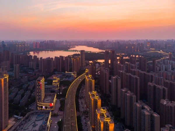 Stadens Solnedgång Och Natt Flygfotografering Landskap Sommaren Wuhan Hubei Kina — Stockfoto