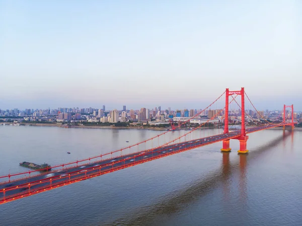 Coucher Soleil Sur Ville Photographie Aérienne Nocturne Été Wuhan Hubei — Photo