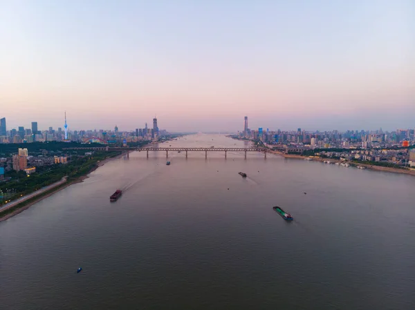 Pôr Sol Cidade Cenário Fotografia Aérea Noite Verão Wuhan Hubei — Fotografia de Stock