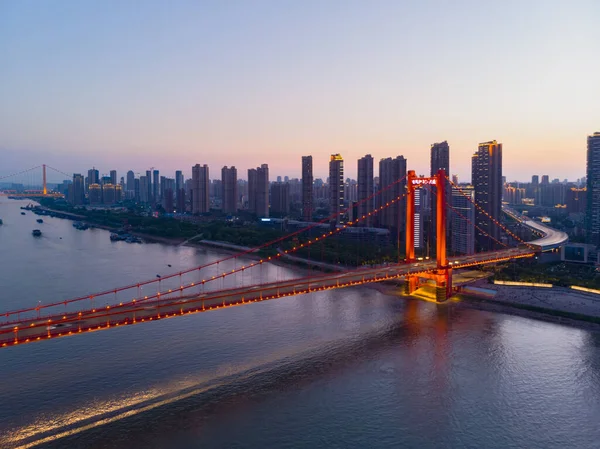 Stadens Solnedgång Och Natt Flygfotografering Landskap Sommaren Wuhan Hubei Kina — Stockfoto