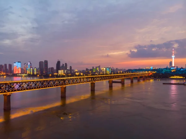 City sunset and night aerial photography scenery in summer, Wuhan, Hubei, China