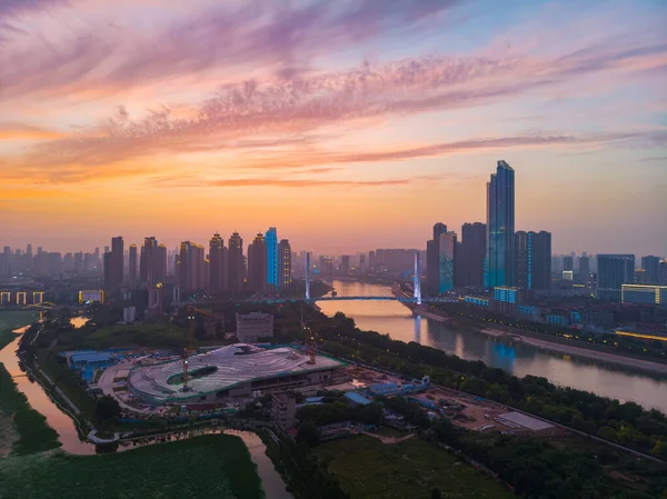 Pôr Sol Cidade Cenário Fotografia Aérea Noite Verão Wuhan Hubei — Fotografia de Stock