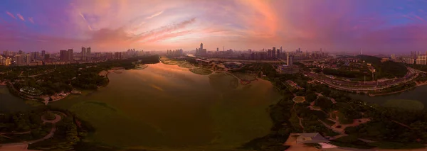 Pôr Sol Cidade Cenário Fotografia Aérea Noite Verão Wuhan Hubei — Fotografia de Stock