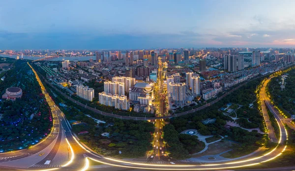 Stad Zonsondergang Nacht Luchtfotografie Landschap Zomer Wuhan Hubei China — Stockfoto