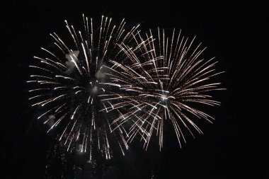 Gece gökyüzünde havai fişek gösterisi. Tatil arkaplanı.