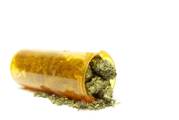 Marihuana Botella Plástico Amarillo Vista Cerca — Foto de Stock