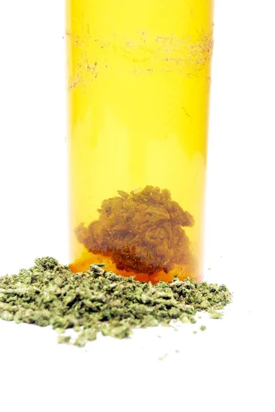 Dried Marijuana Yellow Plastic Bottle Drug Addiction Concept Medical Marijuana — Stock Photo, Image