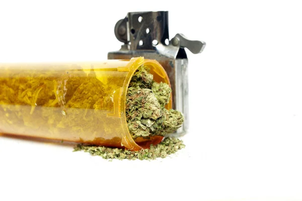 Gedroogde Marihuana Plastic Fles Lichter Drugsverslaving Concept Medisch Marihuana Concept — Stockfoto