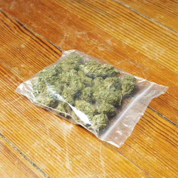 Marijuana Packed Wooden Table Bud Cannabis Plant — Stock Photo, Image