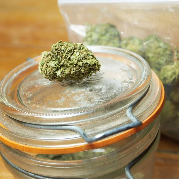 Marijuana Buds Glass Jar Close View — Stock Photo, Image