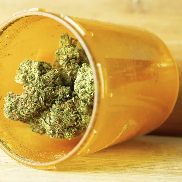 Plastik Şişede Marihuana Tomurcukları Görünümü Kapatın — Stok fotoğraf