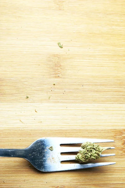 Close View Marijuana Metal Fork Wooden Background — Stock Photo, Image