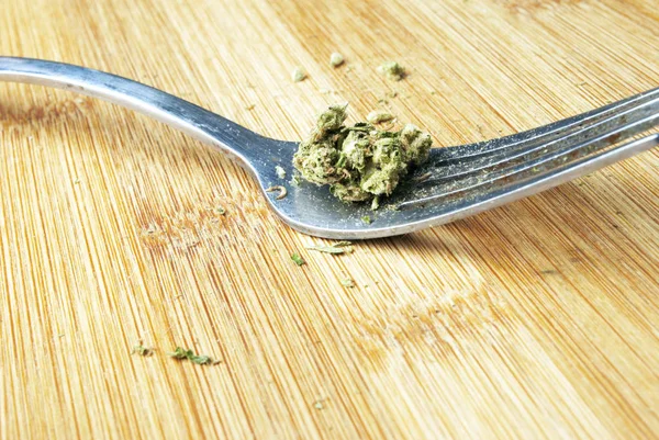 Close View Marijuana Metal Fork Wooden Background — Stock Photo, Image