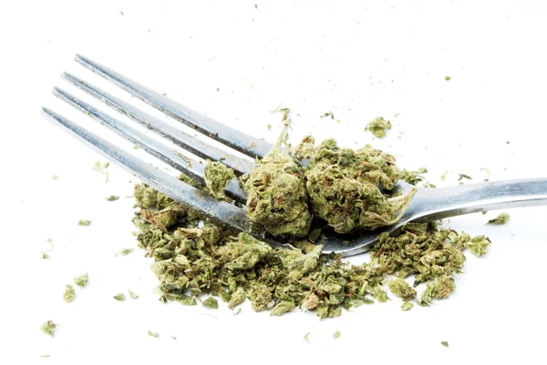 Close View Marijuana Metal Fork White Background — Stock Photo, Image