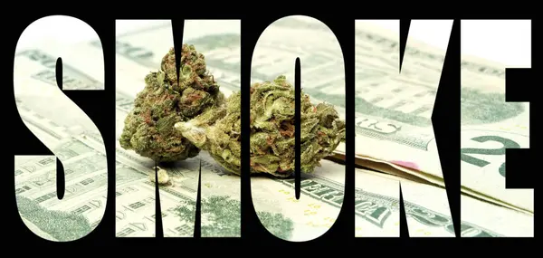 Siyah Arka Plan Üzerinde Içinde Marihuana Para Ile Duman Yazıt — Stok fotoğraf