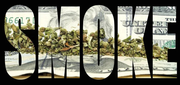 Kouřový Nápis Marihuanou Penězi Uvnitř Černého Pozadí — Stock fotografie