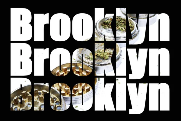 Brooklyn Texto Com Panelas Cannabis Segundo Plano — Fotografia de Stock