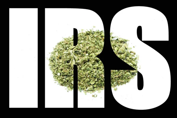 Irs Tekst Met Gedroogde Gemalen Cannabis Zwarte Achtergrond — Stockfoto