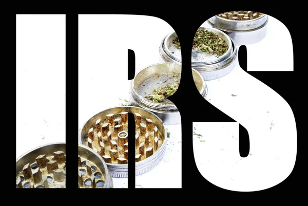 黒の背景に大麻のポットとアイリステキスト — ストック写真