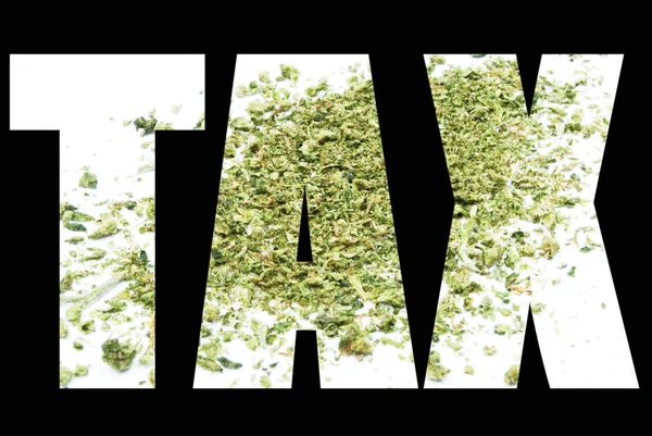 带有税务文本和大麻的概念海报 — 图库照片