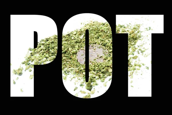 Texto Pot Com Cannabis Moída Sobre Fundo Preto — Fotografia de Stock