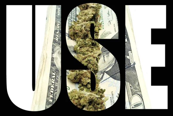 Použít Nápis Marihuanou Penězi Uvnitř Černém Pozadí — Stock fotografie