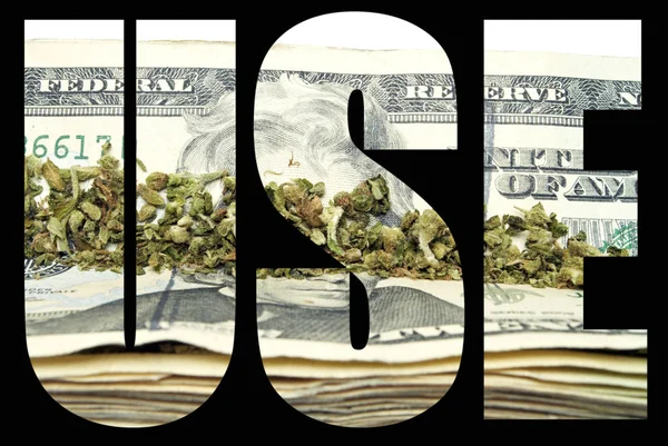 Siyah Arka Plan Üzerinde Içinde Marihuana Para Ile Yazıt Kullanın — Stok fotoğraf