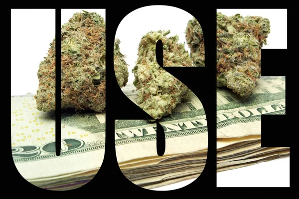 Použít Nápis Marihuanou Penězi Uvnitř Černém Pozadí — Stock fotografie