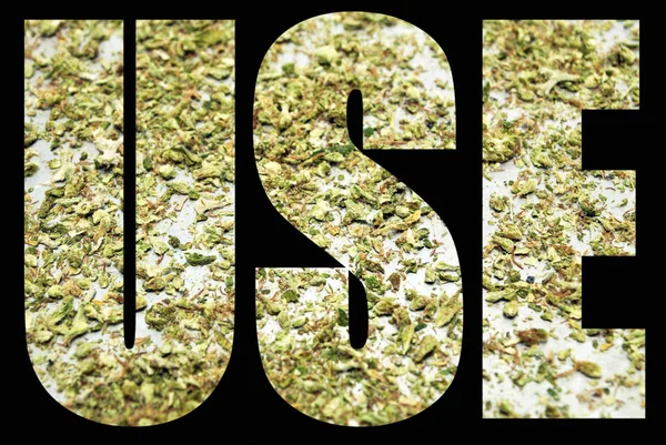 Gebruik Inscriptie Met Marihuana Binnen Zwarte Achtergrond — Stockfoto