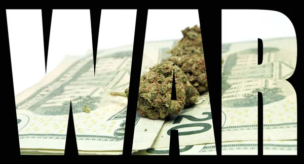 Válečné Nápisy Marihuanou Penězi Uvnitř Černého Pozadí — Stock fotografie