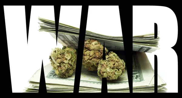 Siyah Arka Plan Üzerinde Içinde Marihuana Para Ile Savaş Yazıt — Stok fotoğraf
