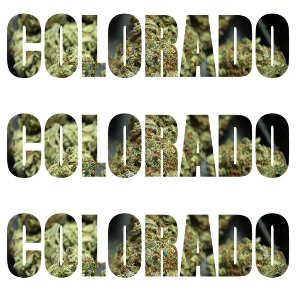 Inscripciones Colorado Con Marihuana Interior Sobre Fondo Blanco — Foto de Stock